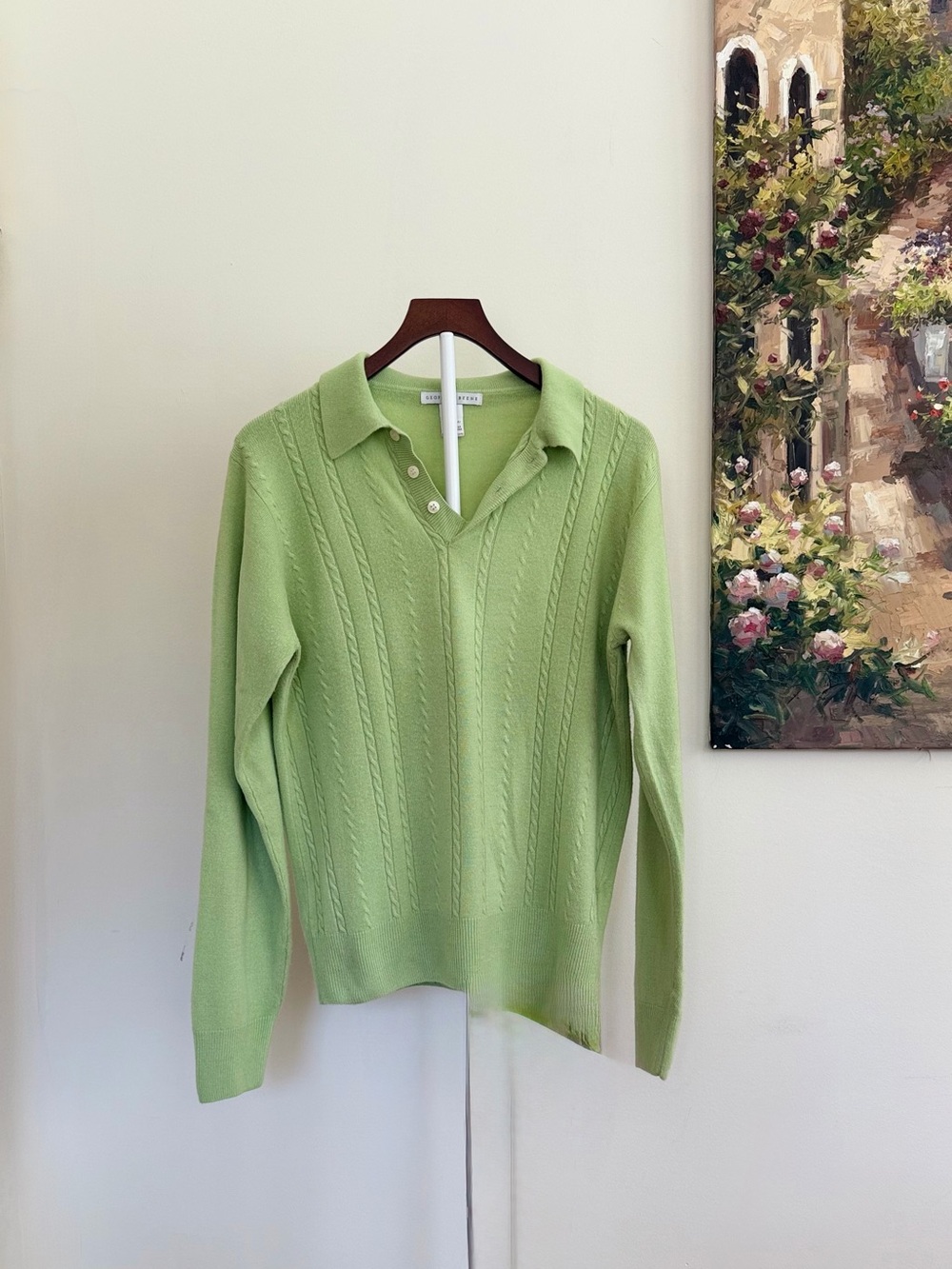Geoffrey Beene Light Green Cable Knit V-Neck Sweater Size S Super Soft